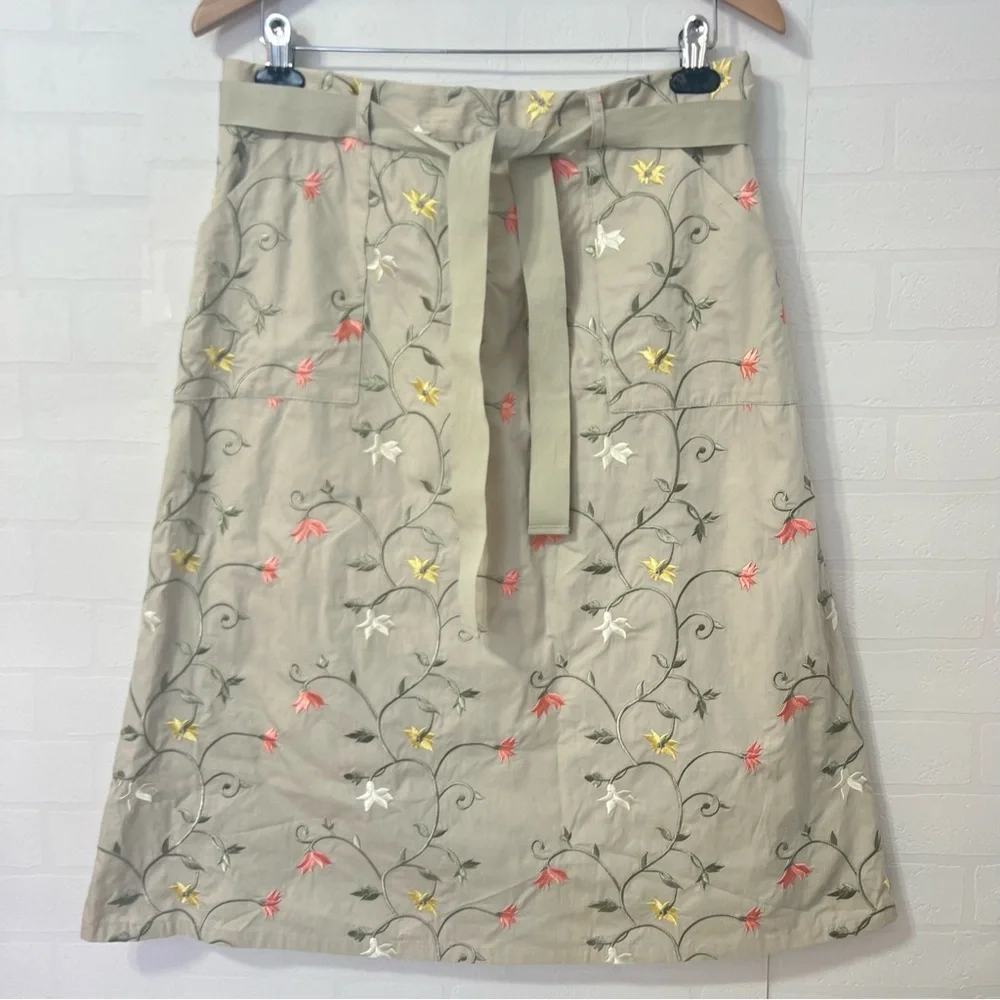 Orvis Tan Floral Embroidered A-Line  Cottagecore Grannycore Midi Skirt Cotton 14